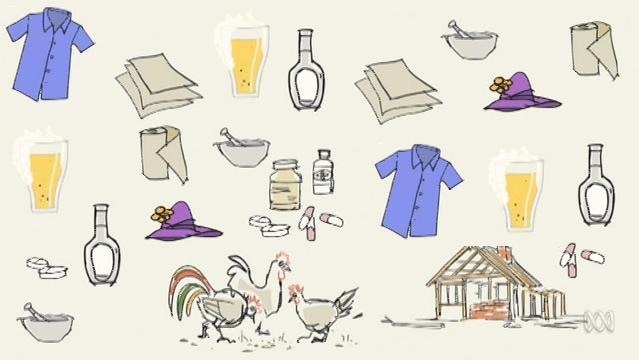 Graphic of various items including shirt, glass of beer, roll of paper, chickens, a shed, bottles of pills