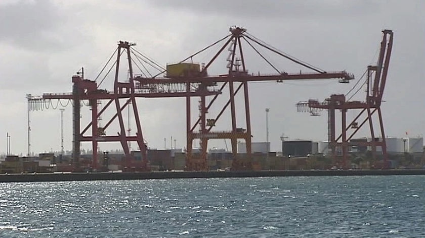 A wide shot of Fremantle Port showing cranes against the background of sky.