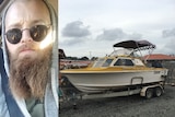 A split image of a bearded man wearing round black sunglasses and a yellow and white boat.