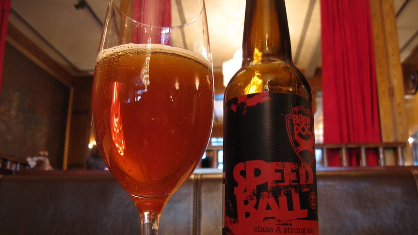 A bottle of Speedball from Scotland's BrewDog brewery and glass