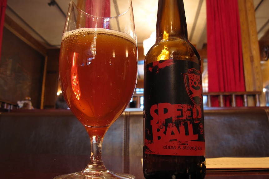 A bottle of Speedball from Scotland's BrewDog brewery and glass