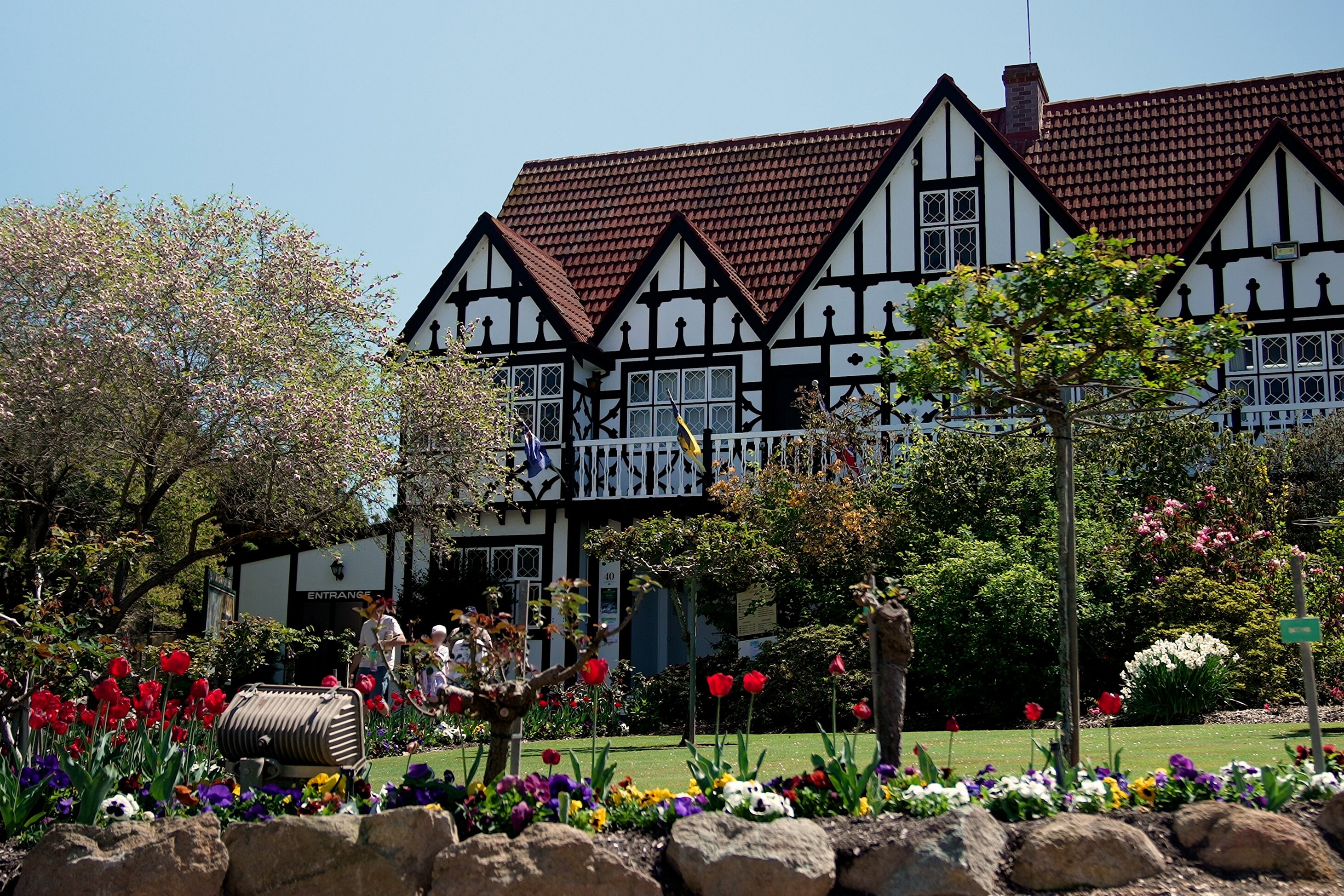 A line of people standing outside near flowers in front of a large ornate white building.