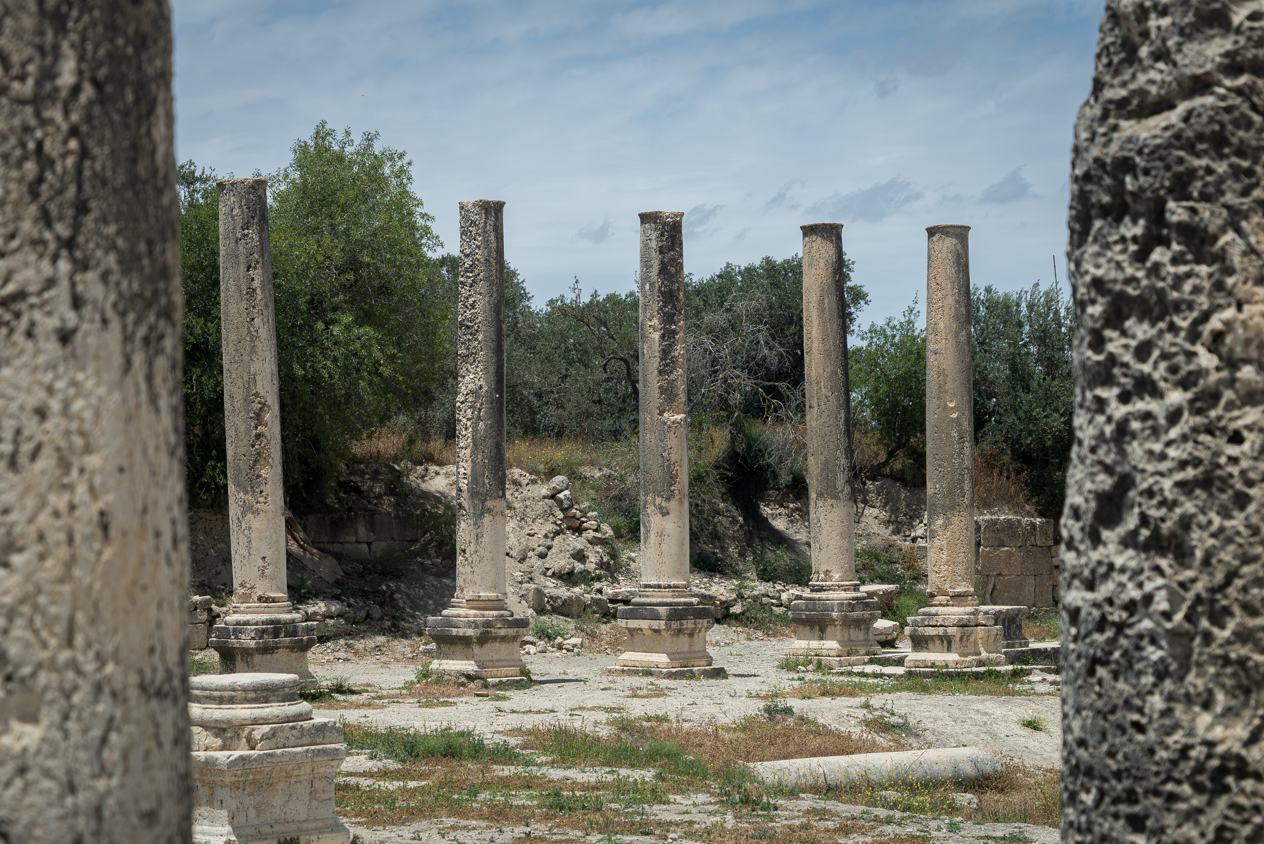A close up of decaying Roman columns in Sebastia.