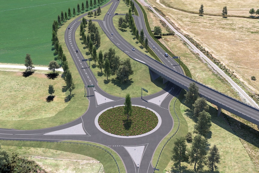 A digital designed image of a roundabout and a highway flyover