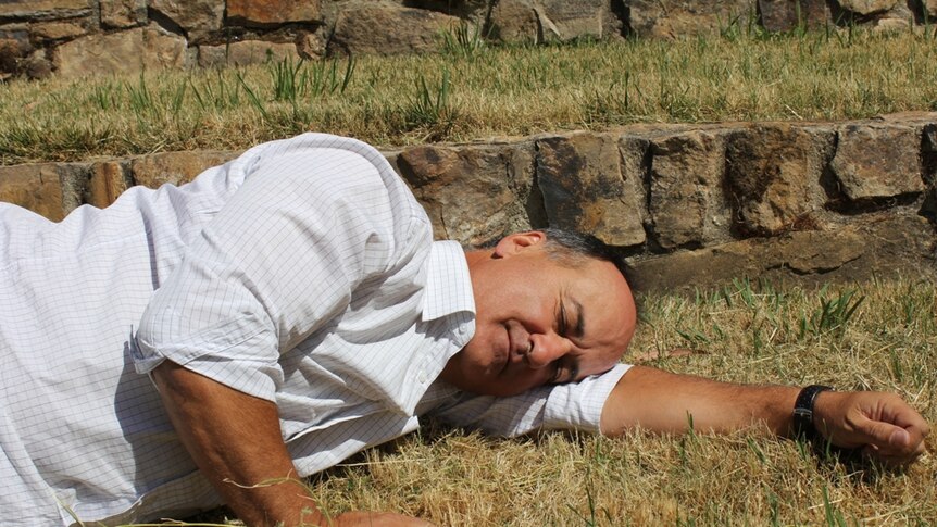 A man sleeping in the grass.