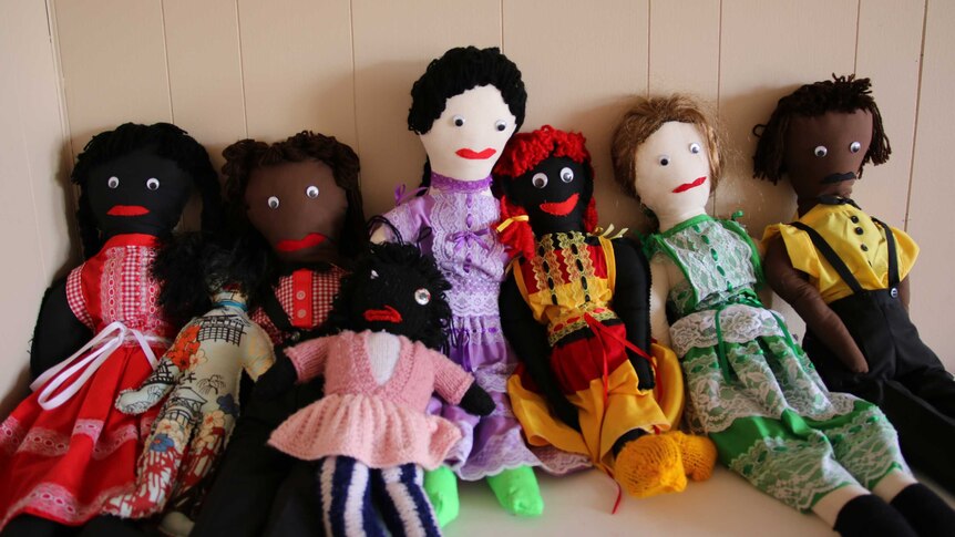 A range of dolls leaning against a wall at the Gomeroi gaaynggal centre in Tamworth.
