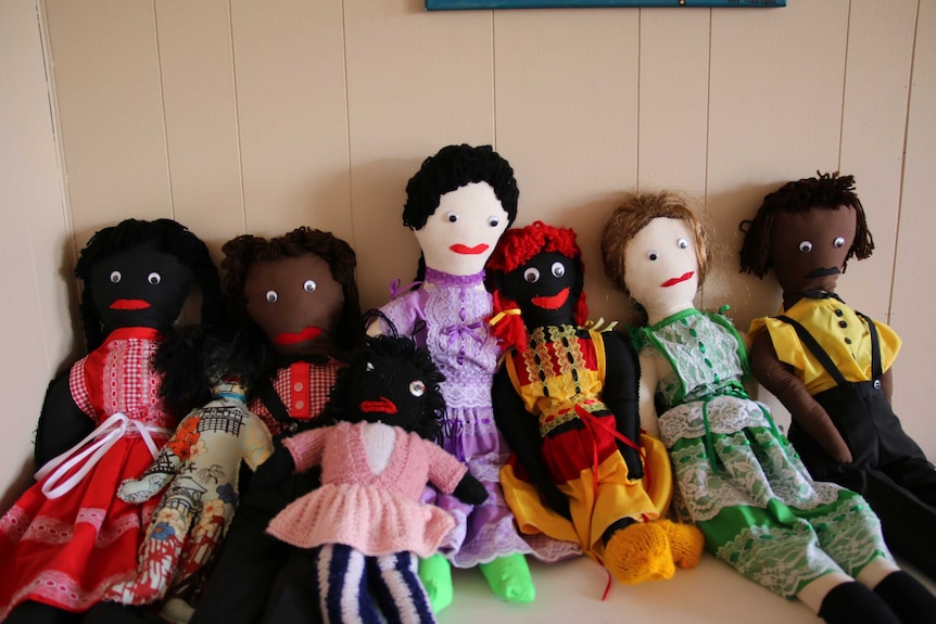 A range of dolls leaning against a wall at the Gomeroi gaaynggal centre in Tamworth.