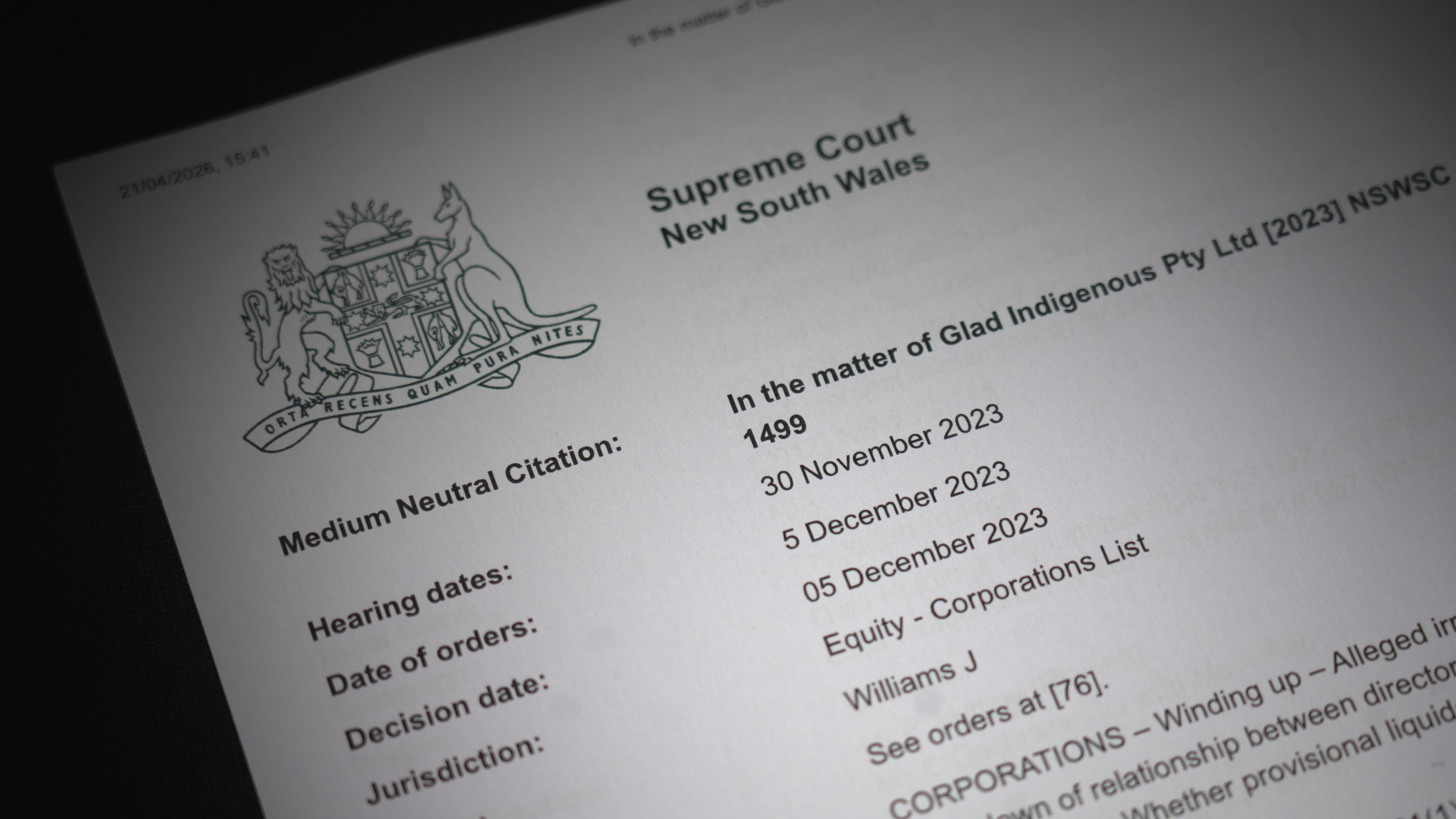 A document showing the supreme court application relating to Glad Indigenous