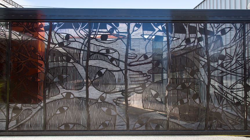A laser cut gate created by Michael Schlitz has been installed at Moonah Arts Centre.