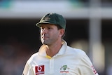 Fingers crossed ... Ponting's finger was injured by a Jonathan Trott edge on Saturday afternoon.