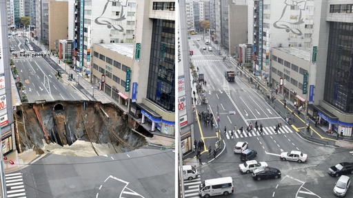 Left photo shows sinkhole in the middle of the road, right photo shows the road fully restored