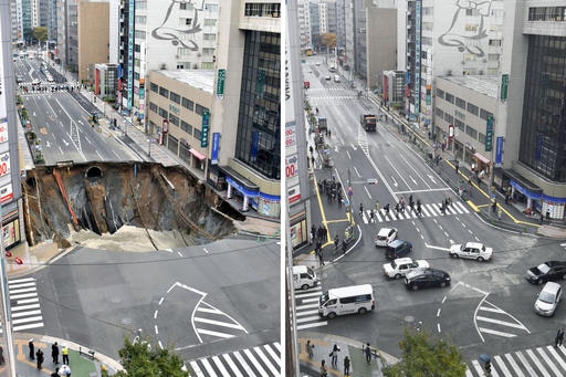 Left photo shows sinkhole in the middle of the road, right photo shows the road fully restored