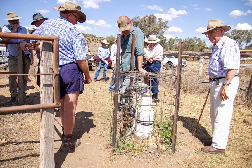 Farmers examine a bore on property at near Kulpi in September 2019.
