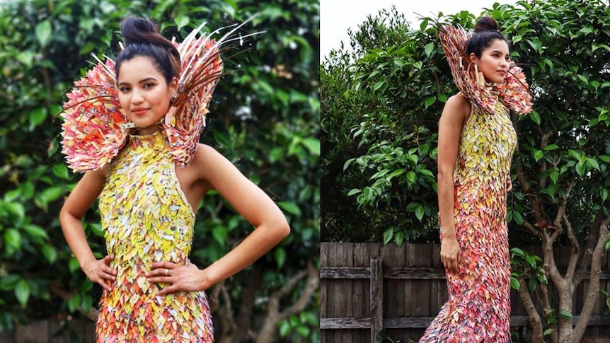 A female model in a colourful dress with a large frill neck