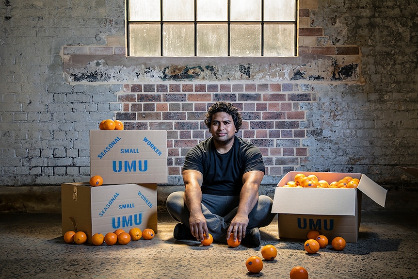 A man with dark curly hair sits in between open boxes of oranges in front of an industrial brick wall and window.