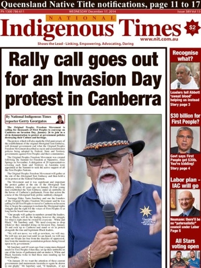 Image of the National Indigenous Times' front page with headline "Rally call goes out for an Invasion Day protest in Canberra".