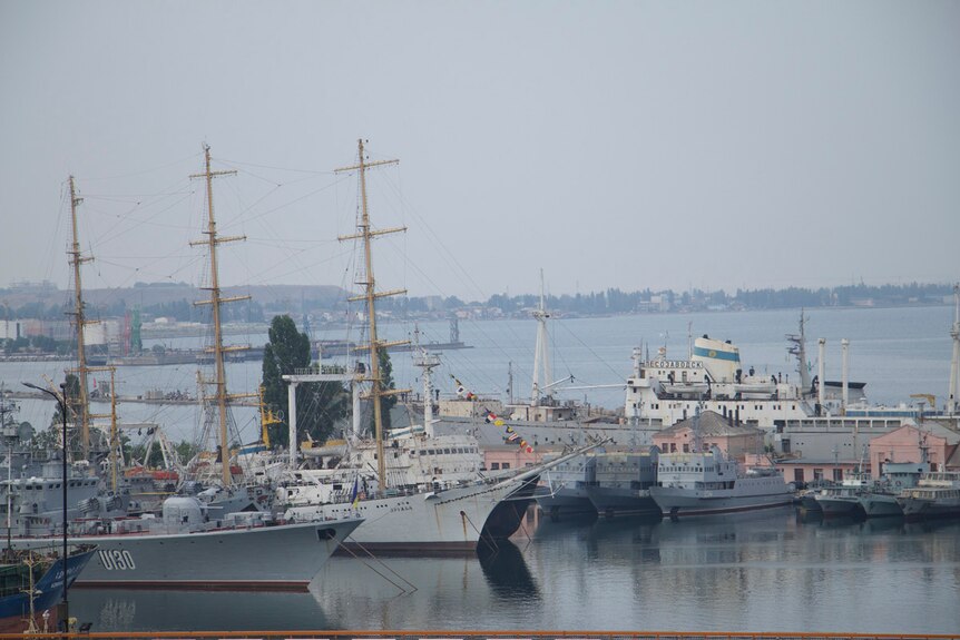 Boats moored in the Black Sea port of Odessa, Ukraine.