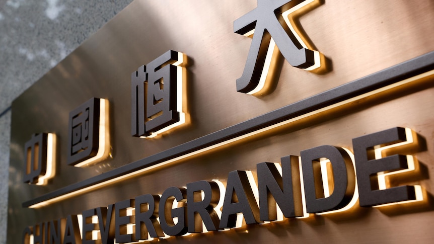 The China Evergrande Centre building sign is seen in Hong Kong, China.