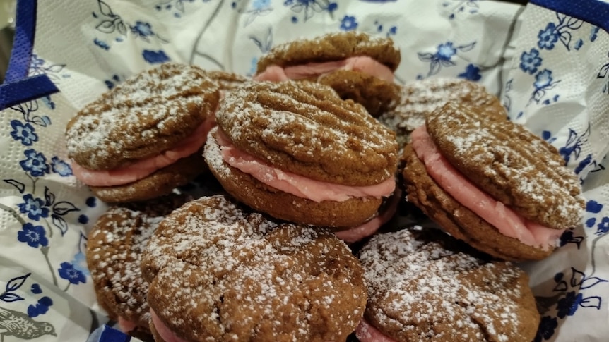 dark biscuits with pink cream filling on a blue and white napkin, dusted with icing sugar
