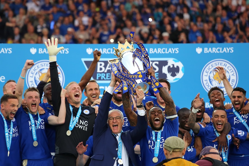 Leicester City lift the Premier League trophy