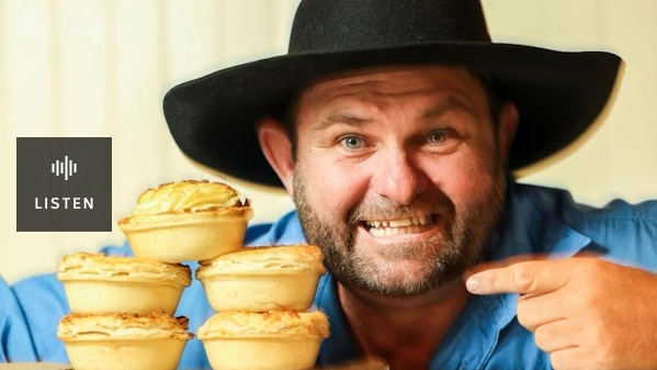 man in blue shirt and black cowboy hat pointing at a pile of 5 pies. Has Audio