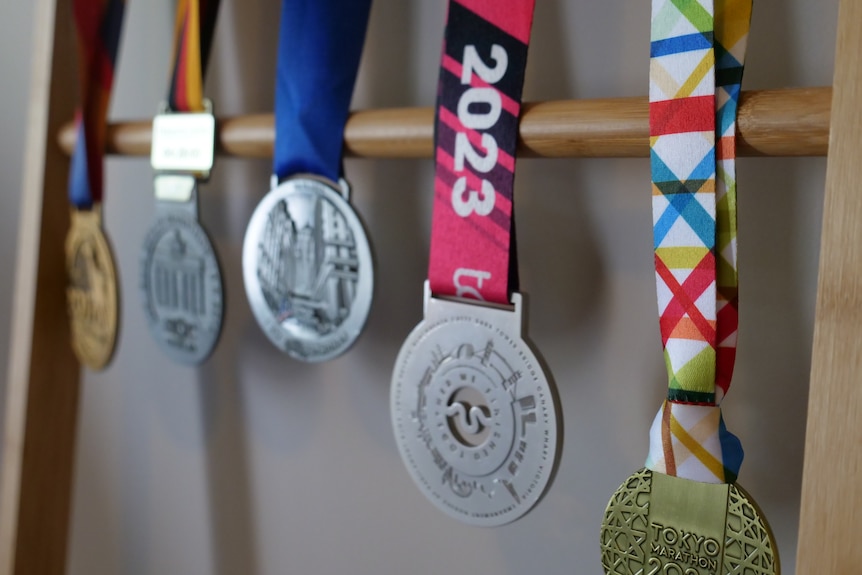 Five medals hang from a wooden frame.