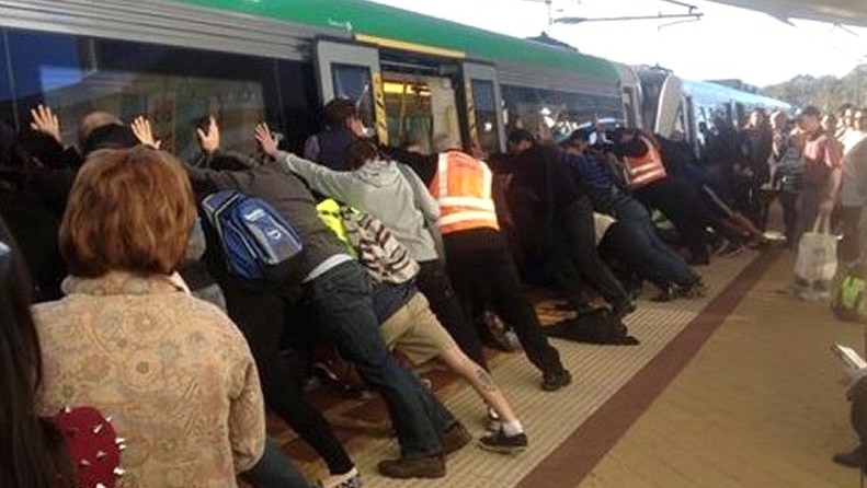 Train pushed off leg