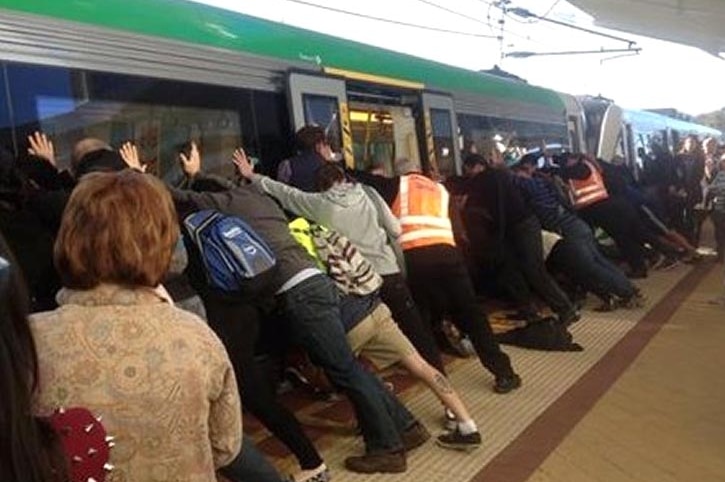 Train pushed off leg