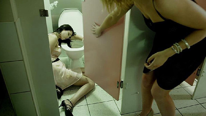 A photo shows a drunken young women passed out on a public toilet floor.