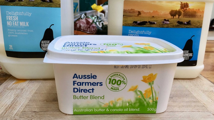 Aussie Farmers Direct butter and milk in a suburban kitchen.