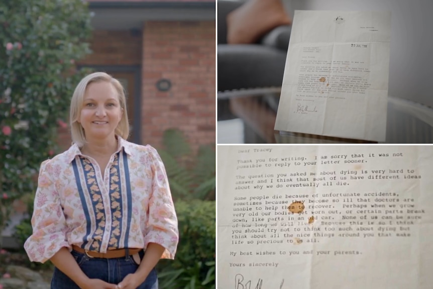 Smartly dressed woman stands in front of home with leafy garden. A tea-stained typed letter from Bob Hawke.