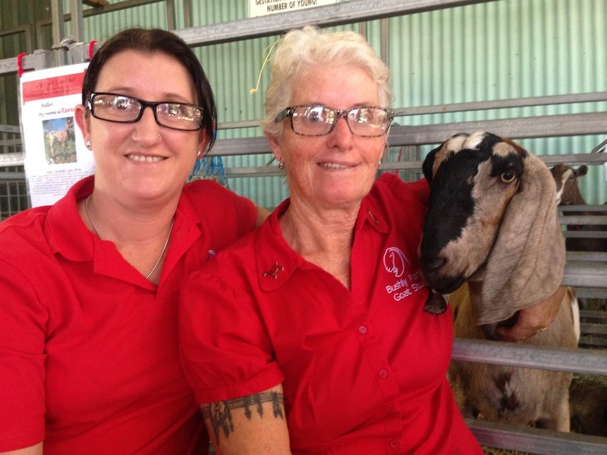 From L-R Melissa and Liz Curtis and one of their long-eared goats