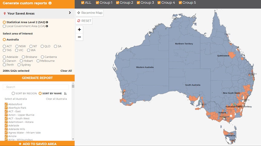 A map of Australia showing shaded areas to indicate services, for communities to face natural disasters