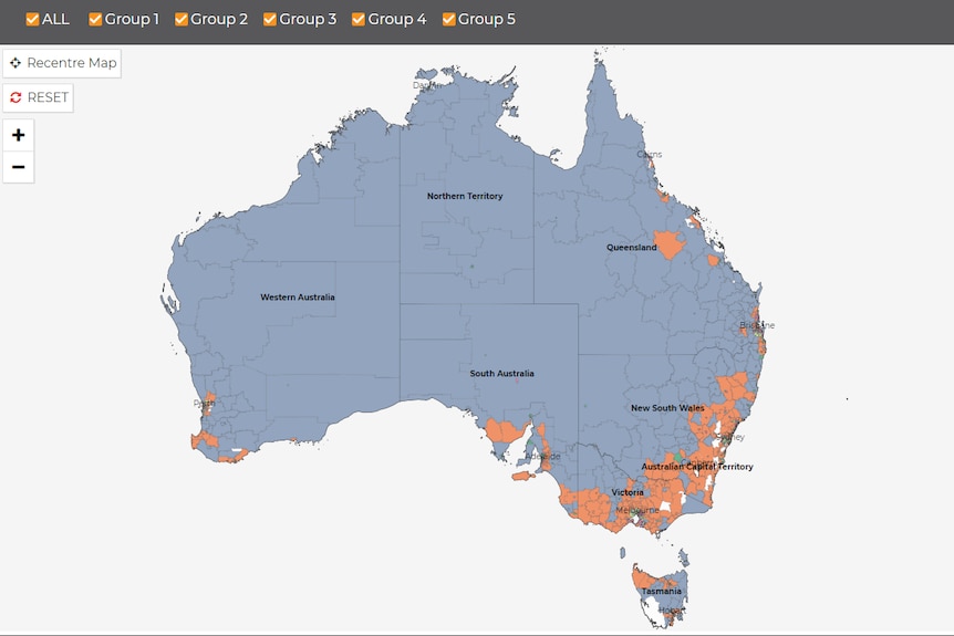 A map of Australia showing shaded areas to indicate services, for communities to face natural disasters