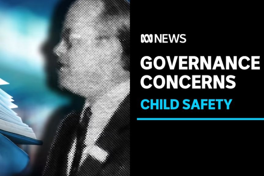 Governance Concerns, Child Safety: A black and white image of a man in a suit on a graphic background with a book.