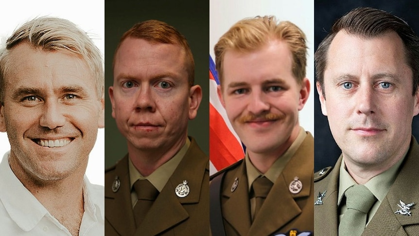 A composite image of four fair-skinned men, three of whom are in military uniform.