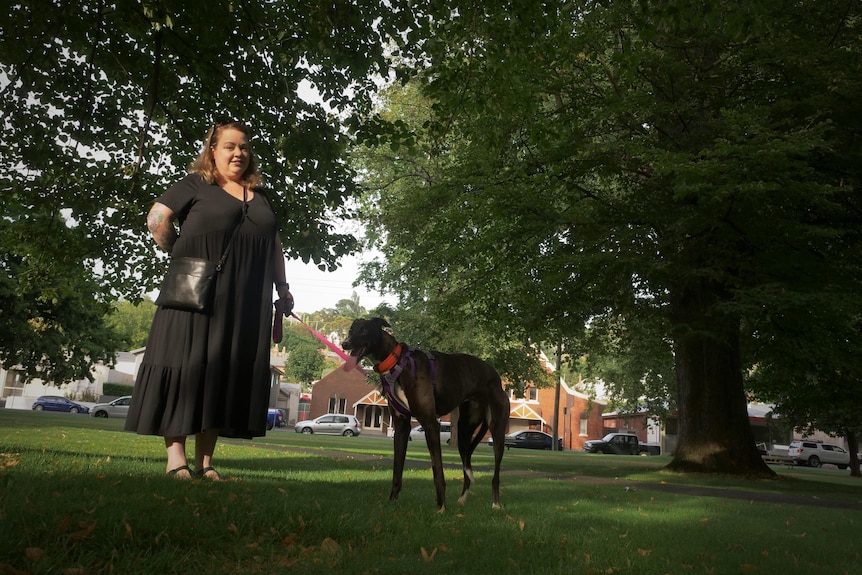 A woman standing with her large black greyhound under dense green trees in a lush city.