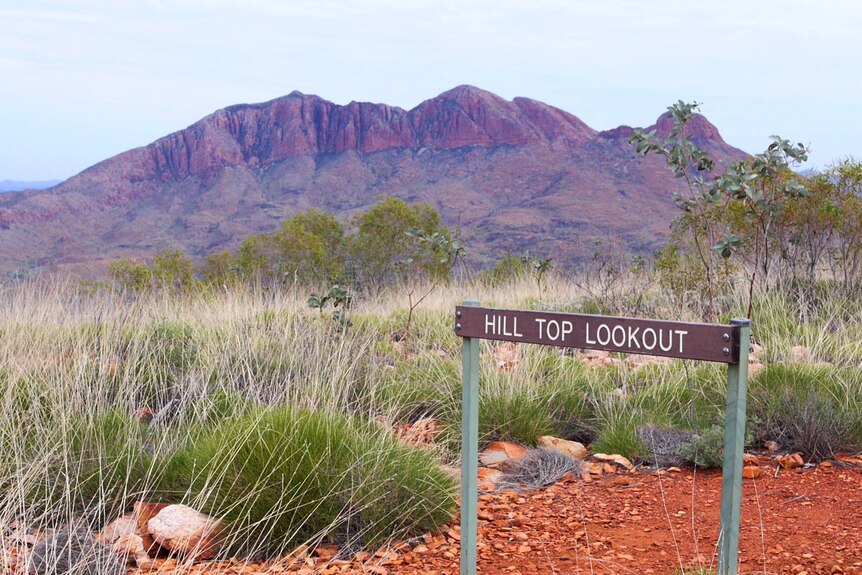A mountain range with a sign in the foreground saying "Hill Top Lookout".