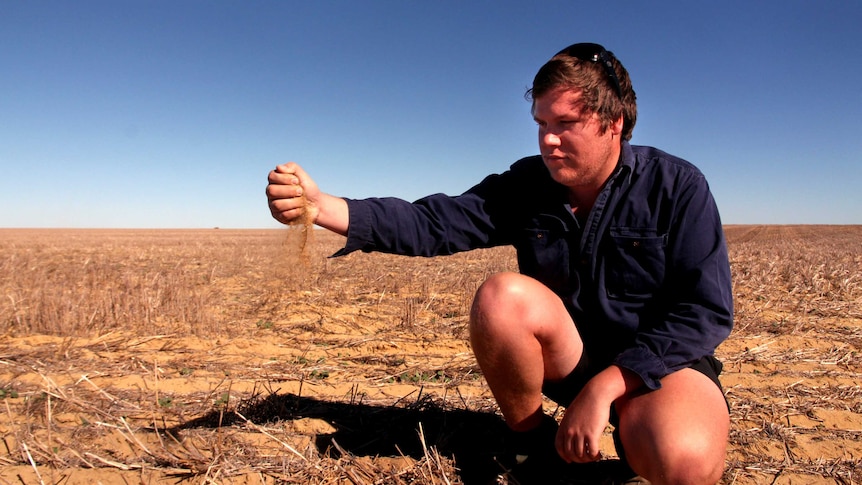 A farmer lifts a handful of dirt amidst dry farmland.
