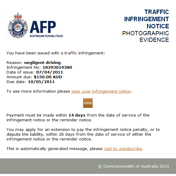 An image of the fake AFP infringement notices being sent by email.