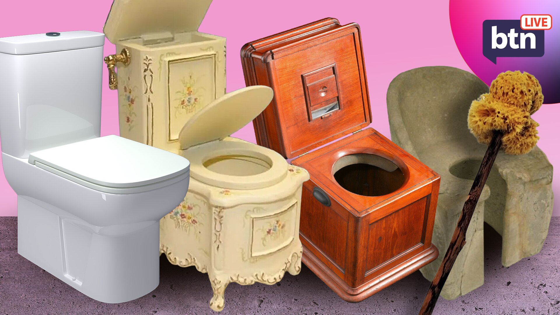 Four toilets from different eras. One made from stone, a box shaped one made from wood, ornate ceramic one and a modern toilet.