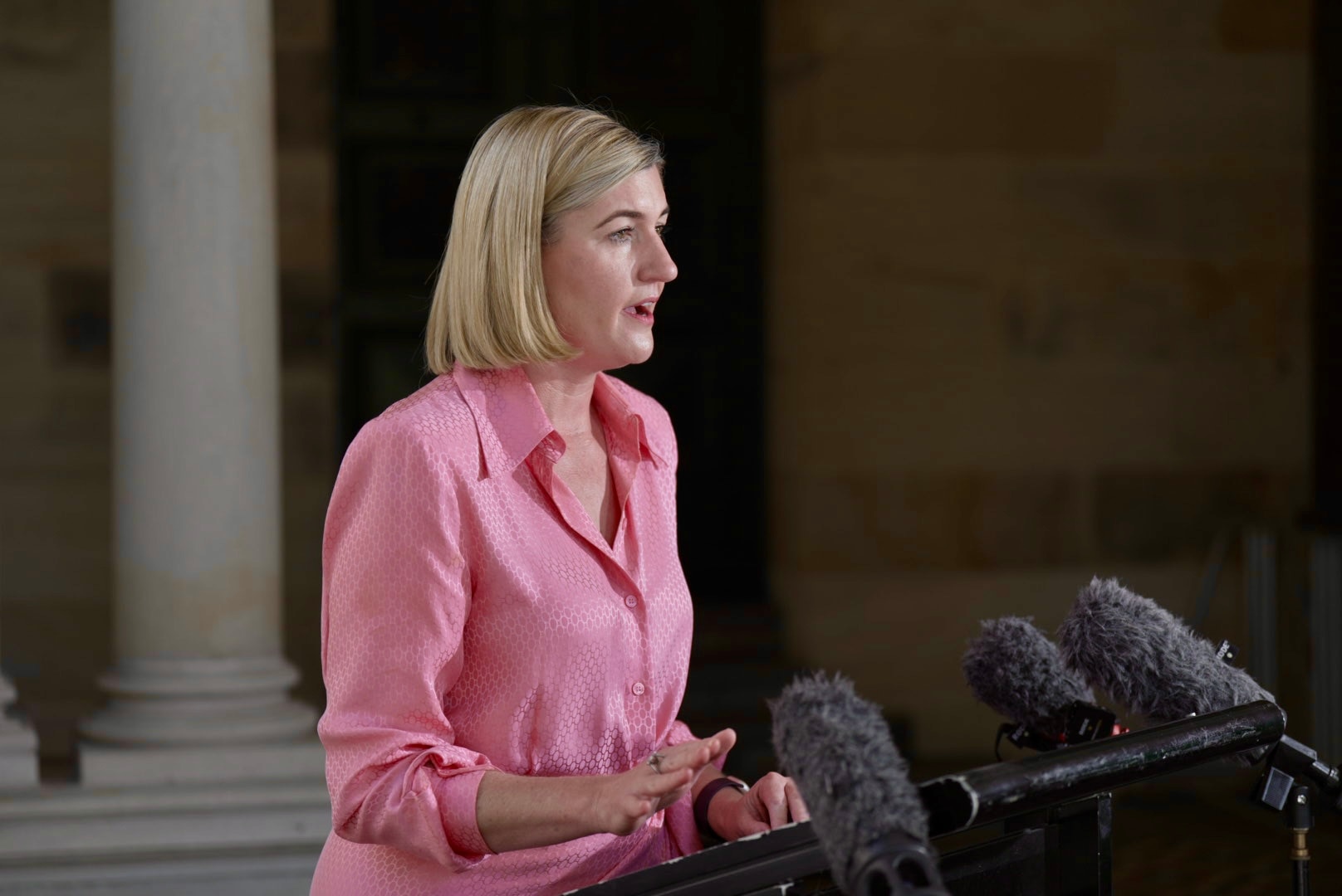 Shannon Fentiman standing speaking at a lectern with microphones in front of her.