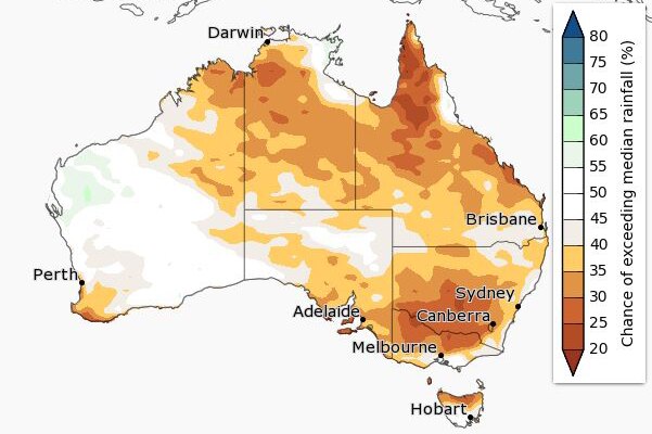 A map of Australia showing the chance of above average rainfall for June to August across the country.