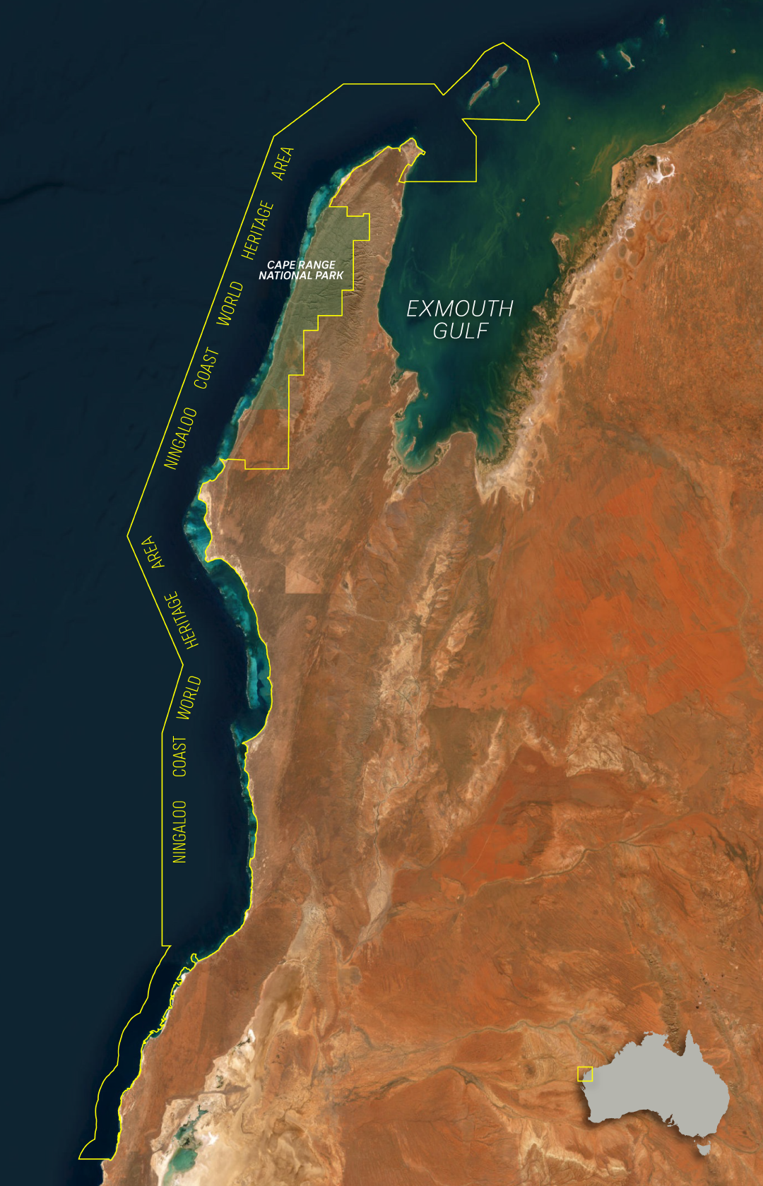 Aerial satellite view of Ningaloo coast with world heritage boundary areas.