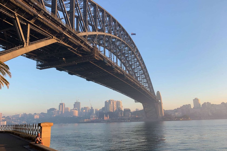 Smoke haze over Sydney Harbour on Tuesday morning.