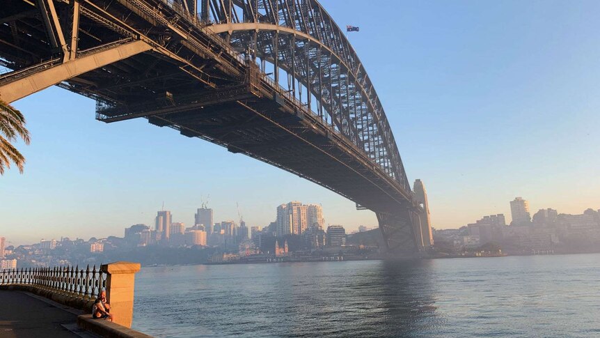 Smoke haze over Sydney Harbour on Tuesday morning.