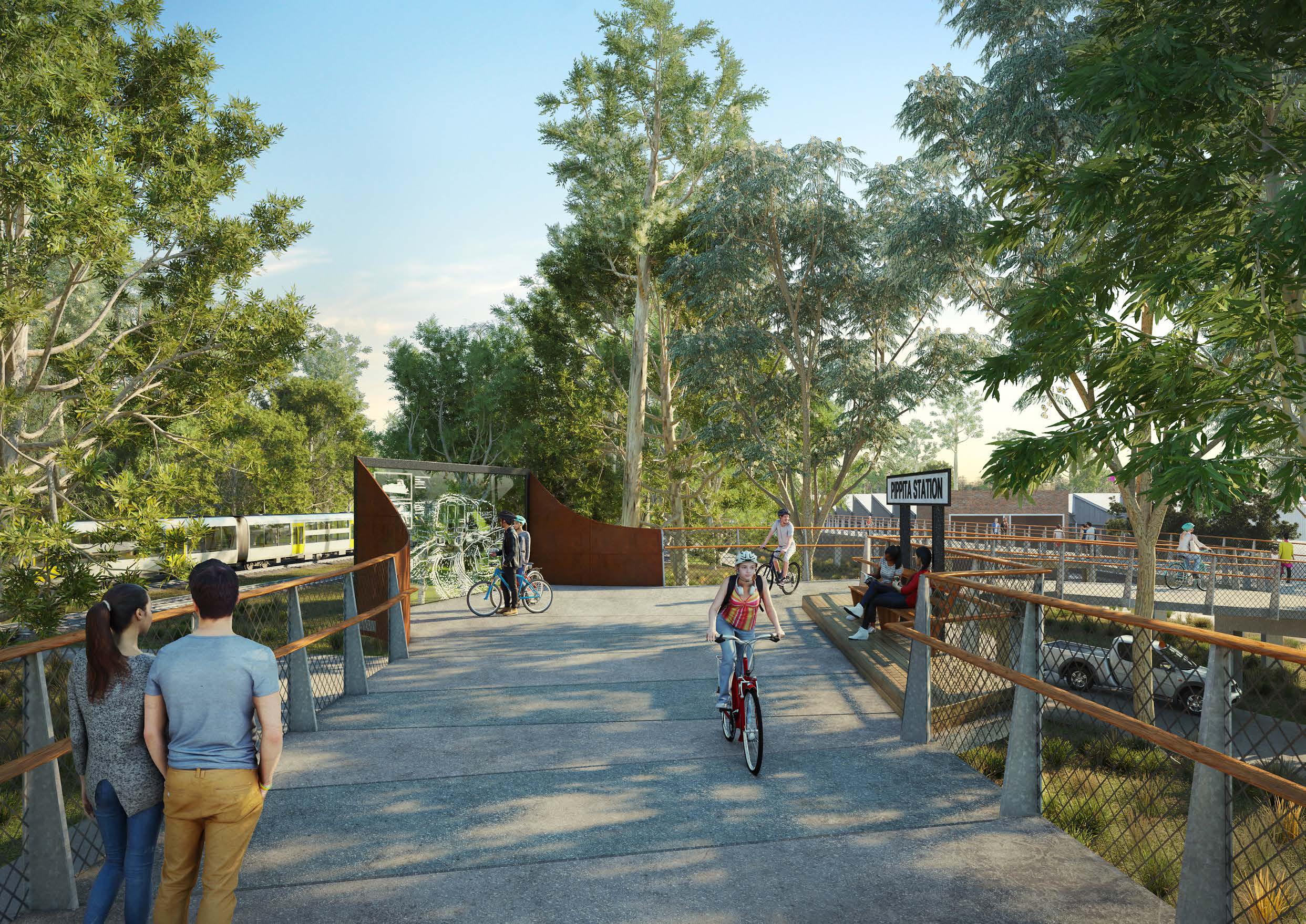 A artists rendering of a wide footpath being used by pedestrians and cyclists