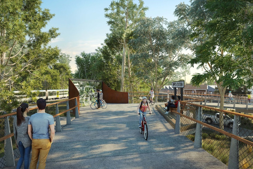 A artists rendering of a wide footpath being used by pedestrians and cyclists