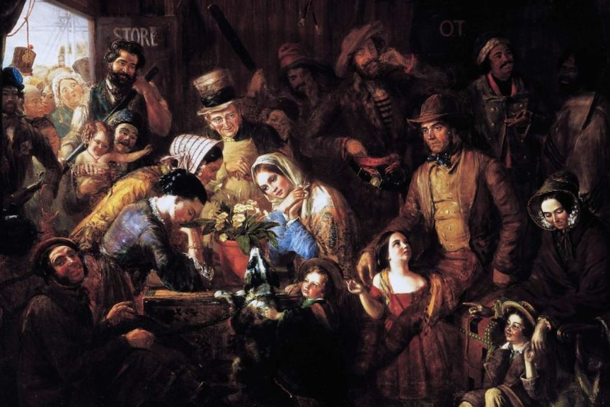 A painting depicting people viewing a primrose flower in Melbourne.