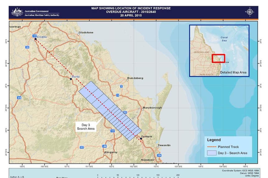 AMSA map showing day three search area for missing Gympie pilot